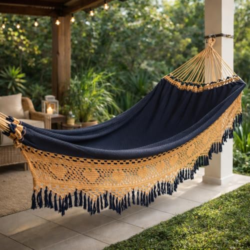 Rede de Dormir Casal Artesanal Luxo 4,5m em Algodão – Rede Descanso Reforçada para Quarto, Varanda, Jardim e Área de Lazer até 350kg(CARAMELO COM PRETO)