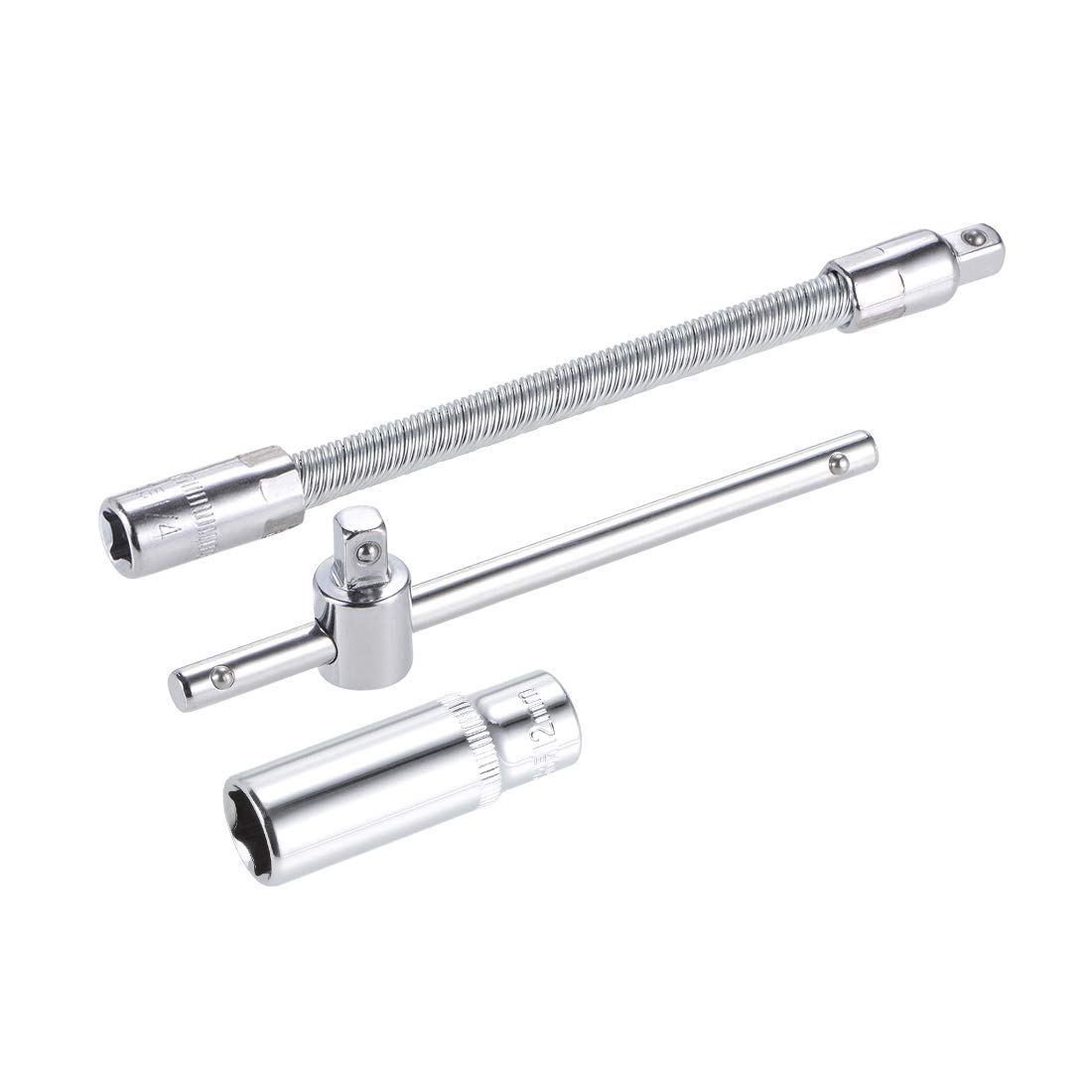 sourcing map Socket Accessory Set of 3 Pcs, 12mm 6-Point Deep Socket 4.5" Sliding Wrench Breaker Bar 6" Flexible Extension Bar with 1/4" Drive