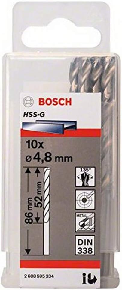 Bosch 10x PRO Metal HSS-G Twist Drill Bit Standard Length (for Non-ferrous metals, Steel, diameter 4,80 mm