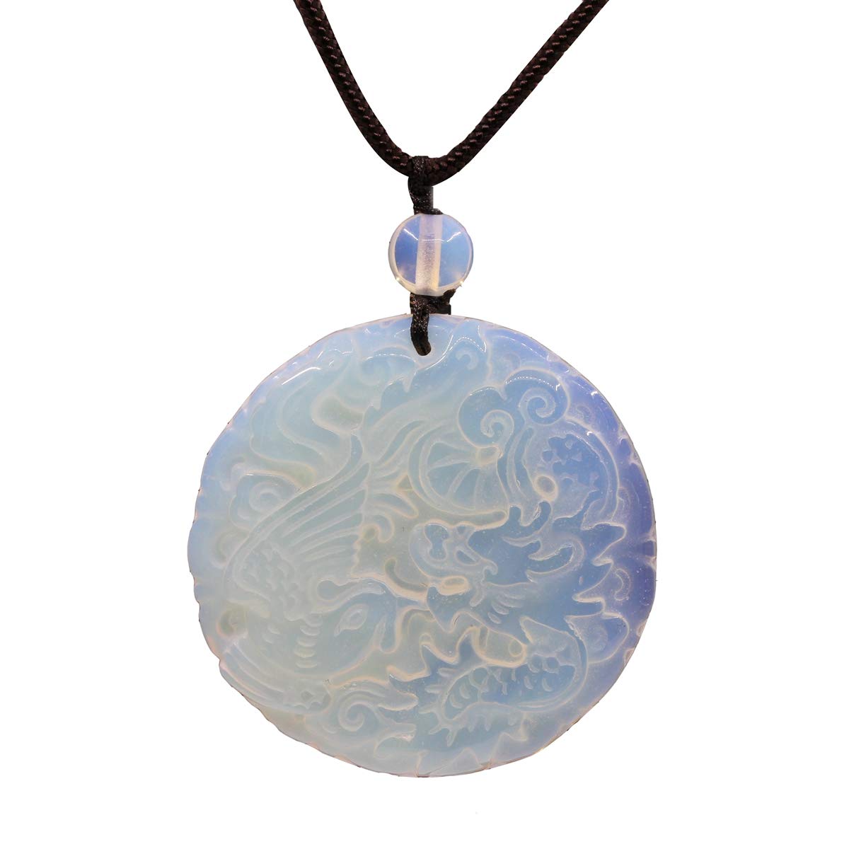 CHENYUE Synthetic Opalite Glass Semi Precious Gemstone Dragon Phoenix Amulet Charm Pendant Necklace 24 Inch