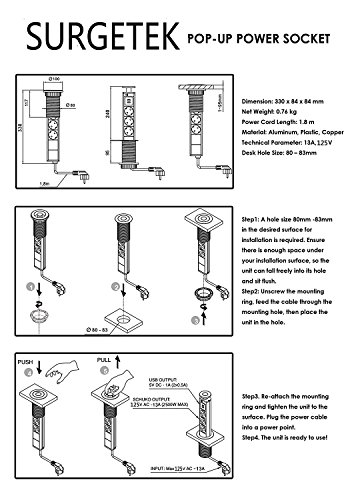 Pulling Pop-up Outlets Desktop Kitchen Countertop Island Power Grommet, Surgetek Hidden-Power Power Strip with 3-Socket& Dual USB Chargers Double-Break Switch (Without Surge Protector) - Thumbnail 3