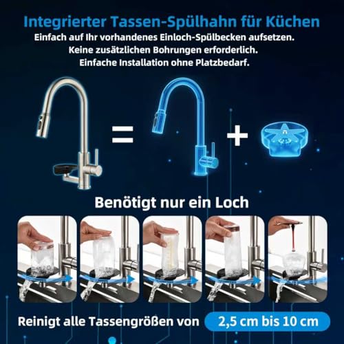 Mynaiad Kitchen Tap with Cup Washer, Pull Out Spray, Double Outlet, 360° Rotation, Kitchen Tap Tap Brushed 304 Stainless Steel