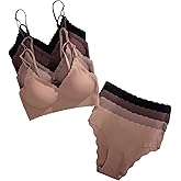 BEAUDRM Women's 4 Sets Seamless Lingerie Set Scallop Trim V Neck Padded Bra and Panty