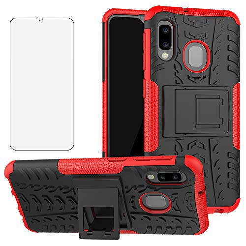 Phone Case for Samsung Galaxy A20e/SM-A202F/DS with Tempered Glass Screen Protector Cover and Stand Kickstand Hard Rugged Hybrid Accessories Heavy Duty Rubber S20e 20e A20 e e20 e20e e20a Black Red