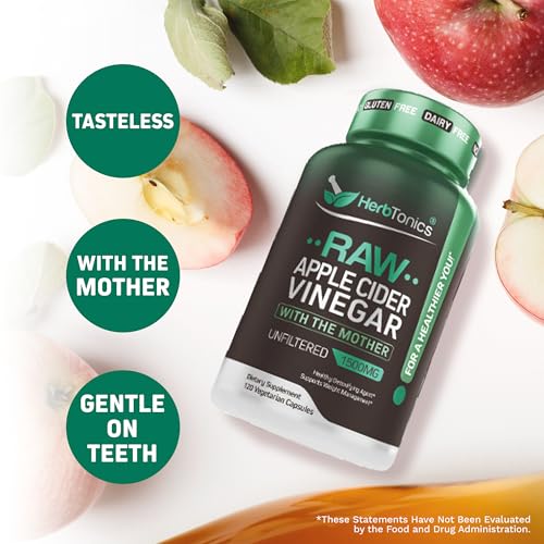 Herbtonics Apple Cider Vinegar Capsules with The Mother 1500mg - 120 High Strength Vegan Capsules - Raw Unfiltered ACV Food Supplement - 2 Month Supply - Non-GMO & Gluten Free