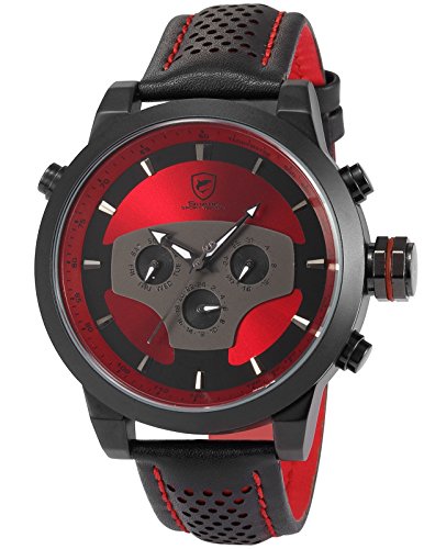 Red Requiem Shark Series Dual Time Zone Analog Date Day Men's Black Leather Sport Wrist Watch SH207