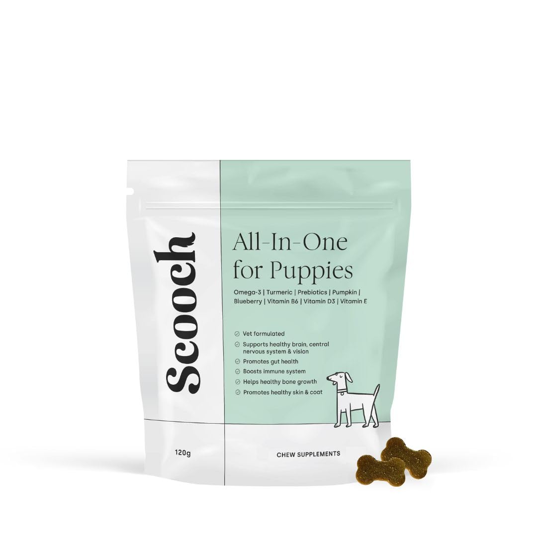 Scooch Puppy Supplements Dog Vitamins and Supplements 60 Crunchy Chews, 100% Plant Based | Dog Multivitamin for Brain, Bone, Skin, Gut & Immune Support | Vet Formulated with DHA, Omega-3 & Prebiotics