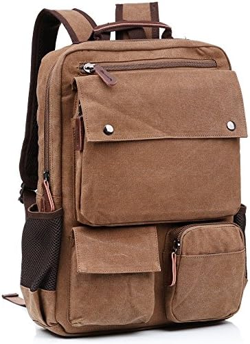Canvas Rucksack 15.6 Inch Laptop Backpack Casual Daypack Bookbag for Men Women Coffee