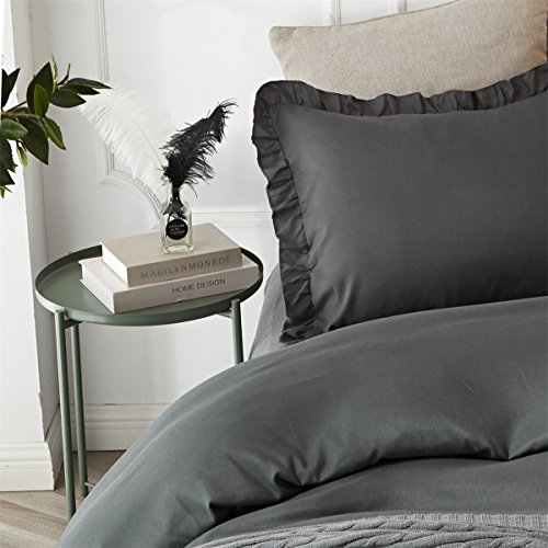 Hyprest Queen Duvet Cover Set Lightweight Soft Solid Color 3PC Bedding Set with Exquisite Flouncing Dark grey