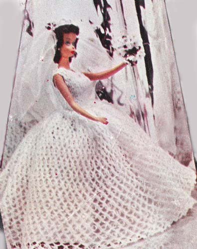 Crochet Bridal Gown Wedding Dress Pattern for 8-10-12-19 inch Dolls Barbie Ginny