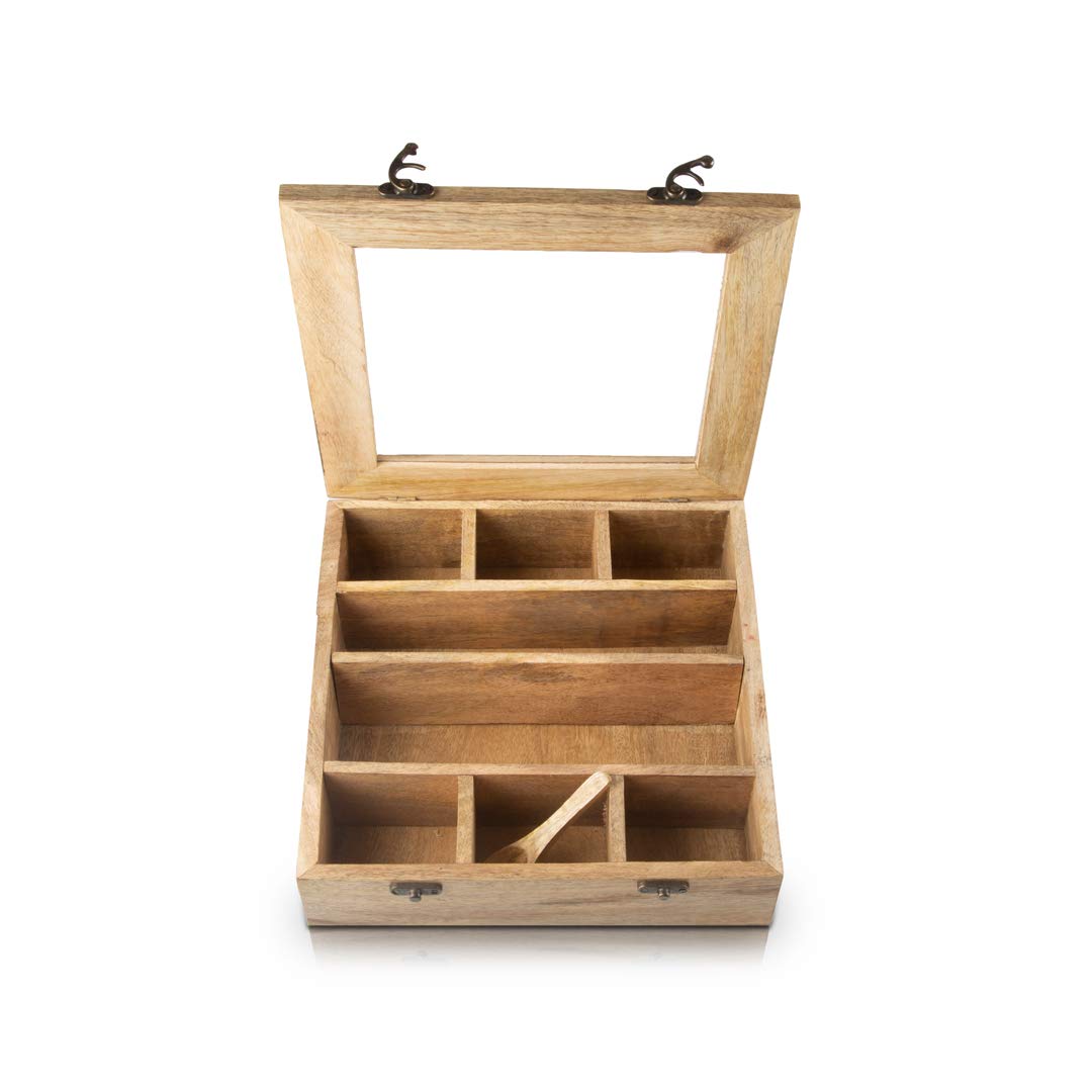 The Great Indian Bazaar Handmade Wooden Seasoning Herb Spice Masala Box Container Holder Rack Stand Caddy With Spoon Decorative Storage Chest Organizer For Kitchen Pantry Cabinet Drawer Storage
