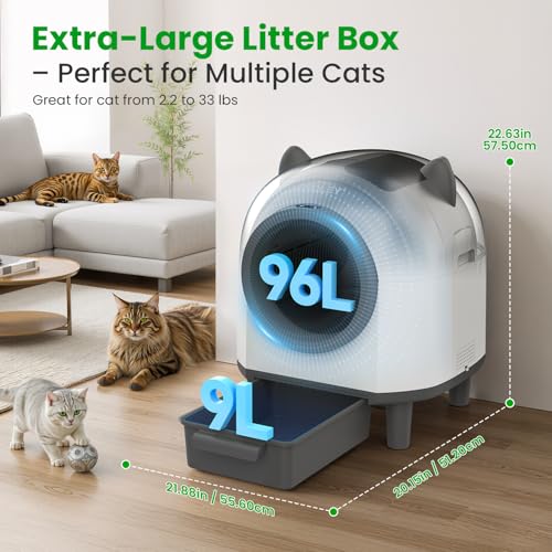 OROLEY Self-Cleaning Litter Box, Automatic Cat Litter Box with APP Control & Safety Sensor，Large Capacity Design for Multiple Cats,Built-in Deodorizing Scent Box and Garbage Bags,White