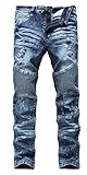Men's Dark Blue Biker Moto Skinny Ripped Distressed Destroyed Slim Denim Jeans