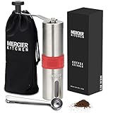 MERCIER Manual Coffee Bean Grinder with Silicone Easy Grip - Adjustable Ceramic Conical Burr - Aeropress Compatible - Includes carrying Pouch and Stainless Spoon