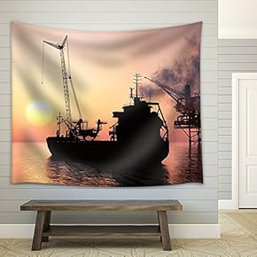 Silhouette Tanker and Plant for The Extraction of Oil. - Fabric Wall Tapestry Home Decor - 51x60 inches