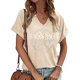 Women Vintage V Neck Shirts Rock and Roll Music Guitar Graphic T Shirt Country Music Tops Teacher Tee