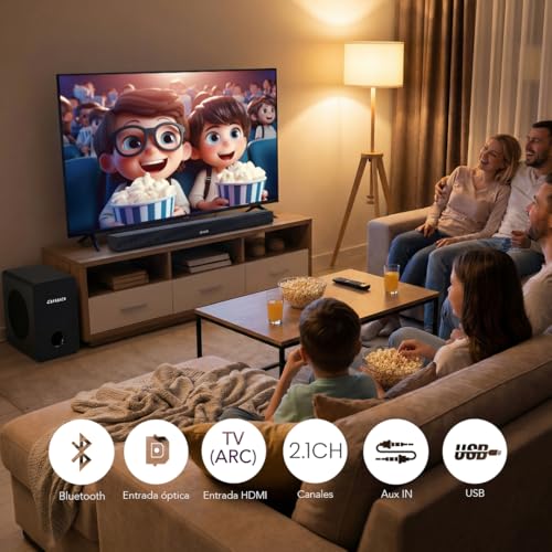 Aiwa Barra de Sonido 2.1 Canales 100W RMS con Subwoofer Integrado Bluetooth USB AUX RCA AWSBH1WW – Soundbar para TV de 1 m, Modo Manos Libres, Montaje Interior