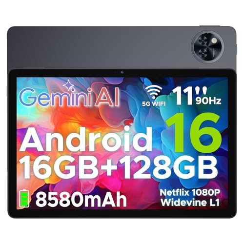 U11 Android 16 Tablet 11 Inch Gemini AI, 16GB RAM+128GB ROM/2TB TF, Battery 8580 mAh,Unisoc T7200 Octa-Core,90Hz, 13MP+5 MP/WiFi 5G/Face ID/Widevine L1/GMS/GPS/OTG/Audio 3.5mm