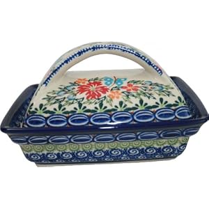Polish Pottery Ceramika Boleslawiec, 0352/238, Butter Dish Deep, 2 Cubes, Royal Blue Patterns with Red Cornflower and Blue Butterflies Motif