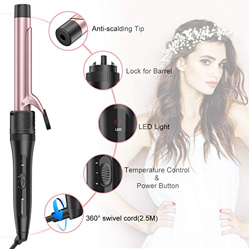 5 in 1 Curling Iron Wand Set with 5 Interchangeable Ceramic Barrels with Clamp and Anti-scalding Tip (0.35'' to 1.25'') and Heat Resistant Glove - Rose Gold, Hair Curler for Women Gifts By Duomishu