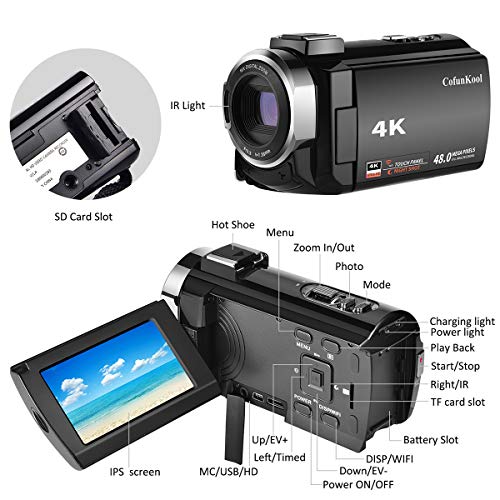 4K Video Camera Camcorder, CofunKool Ultra HD 4K Digital Video Camcorder 48MP 3 Inch IPS Screen 16X Digital Zoom IR Night Vision Vlogging Camera Recorder with WiFi, Microphone, LED Light, 2 Batteries