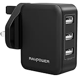 USB Charger Plug RAVPower 30W 3-Port Mains Charger with iSmart 2.0 Technology (UK Travel Adapter, Fast and Safe) for iPhone 7 /6s /6 Plus, iPad, Galaxy S7 /S6 Edge, Sony Xperia, Mobile Phones, Tablet and Power Bank -Black
