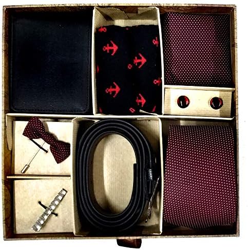 Men's Floral Tie, Cufflink, Pocket Square, Socks, Brouches Lapel Pin, Tie Clip, Belt, Wallet Set (Maroon)