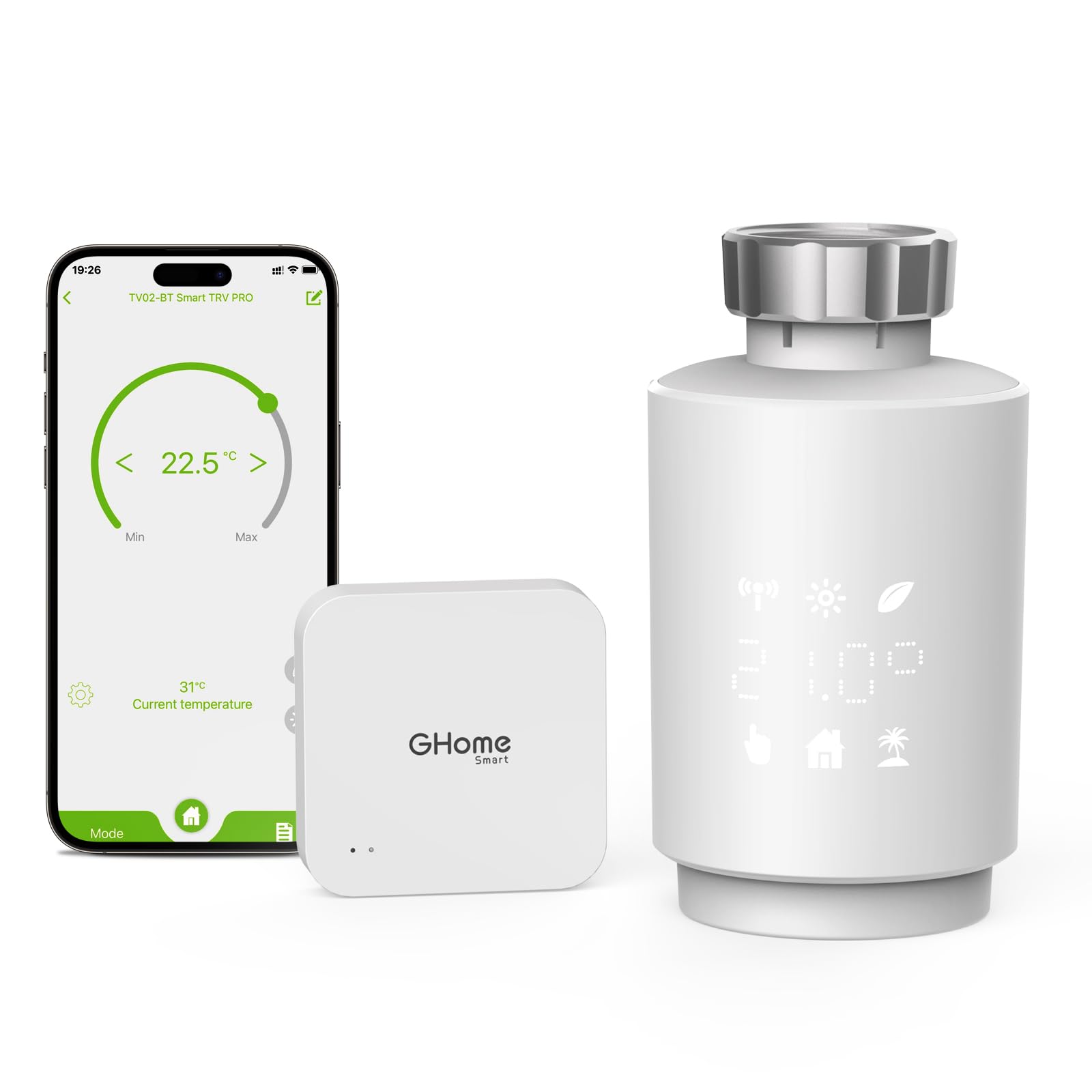 GHome Smart Radiator thermostat with gateway, Bluetooth connection app control, energy efficient, intelligent temperature control, schedule, compatible with Alexa, Google Assistant, hub required