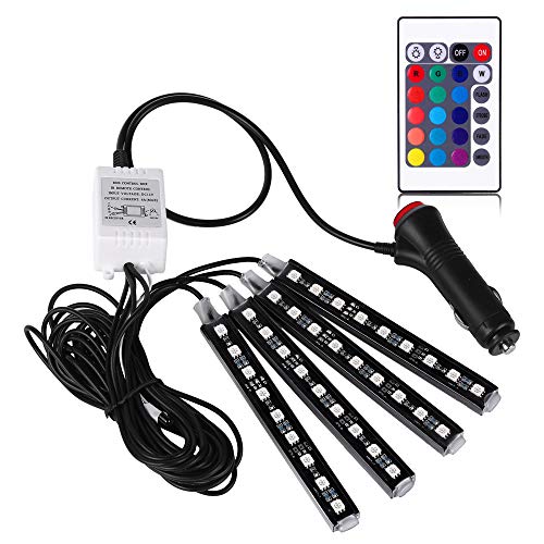 GTP LED 16 Color RGB Strip Light, 4pcs 36 LED Multi-color Car Truck Interior Atmosphere Under Dash Seat Floor Neon Lighting Kit with Multi-Mode Changing IR Wireless Remote Control, Car Charger, DC 12V