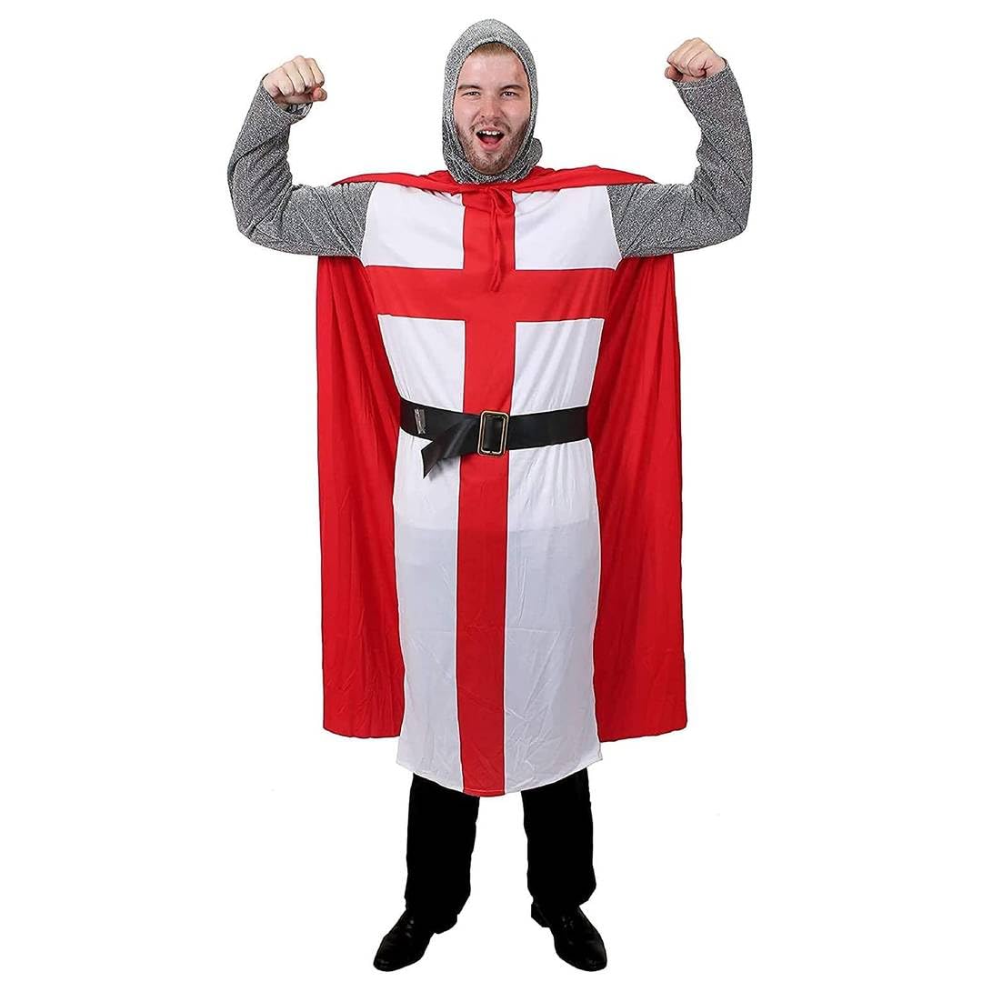Adults Medieval Crusader Knight - Medium - England Flag Tunic, Red Cape, Chainmail-Look Headpiece, Belt - Mens Lionheart King Arthur St Georges Day Fancy Dress Costume — image 1
