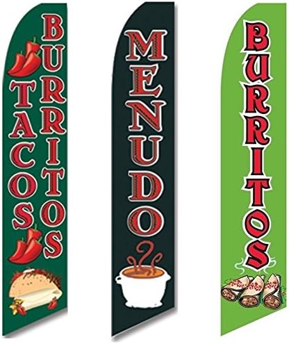 3 Swooper Flags Welcome Mexican Food SALE Tacos Burritos & Menudo Open