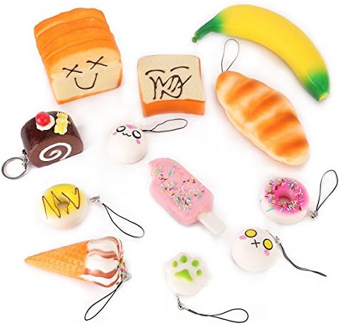 TinyFun 12 pcs Slow Rising Squishy Kit Toys, Jumbo Banana Bread Croissant, Medium Ice Cream Swiss Roll Cake Toast Popsicles, Mini Donut Emoji Buns Animal Paw Key Chain