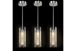 Esfos Pendant Ceiling Light Fixture, LED Kitchen Lighting Crystal Pendant Lights Kitchen Island, 1-Light Integrated Kitchen Hanging Light Fixture Modern Island Light with Bubble Glass Three Pack