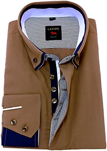 LAVIINO Men's Plain Cotton Shirt Button Down Double Collar Formal Casual Long Sleeve