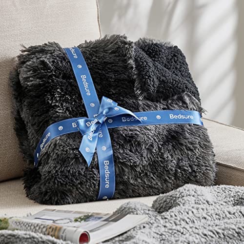Bedsure Faux Fur Blankets Queen Size Tie Dye Black Fuzzy, Fluffy, and
