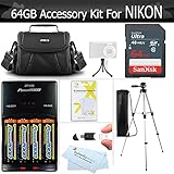 64GB Accessory Kit For Nikon Coolpix B500, L840, L830, L820, L340, L330, Digital Camera Includes 64GB High Speed SD Memory Card + 4AA Rechargeable NIMH Batteries + Rapid Charger + Case + Tripod ++