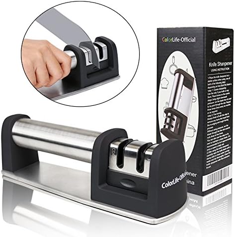 ColorLifeOfficial Professional Knife sharpener for for Straight and Serrated Knives, 2 Stage Tungsten Steel with Ceramic Rod Sharpening Wheel System, Non-slip Base, Black.