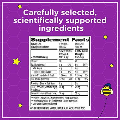 ZARBEE’S CHILDREN’S NIGHTTIME HONEY COUGH SYRUP + IMMUNE FOR KIDS 2+, COUGH SYRUP WITH SOOTHING DARK HONEY, REAL ELDERBERRY, VITAMIN D & ZINC, & CHAMOMILE, DRUG-FREE, MIXED BERRY, 4 FL. OZ