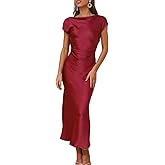 Gmeitoey 2026 Satin Cap Sleeve Cowl Back Summer Dresses for Women Elegant Ruched Waist Wedding Guest Midi Dress