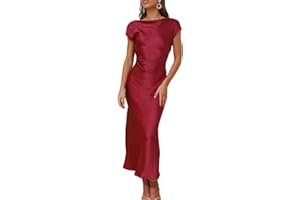 GMEITOEY 2023 Satin Cap Sleeve Cowl Back Summer Dresses for Women Elegant Ruched Waist Wedding Guest Midi Dress