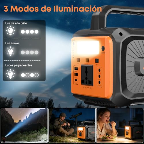 Banco de Energía Portátil, Bateria de Emergencia para Casa con Iluminación LED y Reproductor de Música,Cargador Multipuerto-3 DC, 1PD 2 USB y 1 AC, Estacion de Energia para Exteriores Campamento