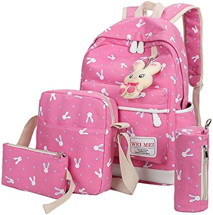 4 Pcs Teen Girls Cute Lightweight Canvas Backpack Set Rabbit Bookbag Laptop School Backpack Shoulder Bag Handbag