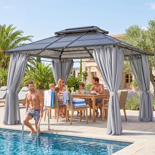 Outsunny 10' x 12' Outdoor Gazebo Canopy, Double Roof Hardtop Gazebo with Polycarbonate Roof, Steel Frame, Nettings and Curtains, for Garden, Lawn, Backyard and Deck, Light Grey