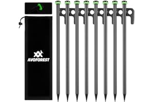 AVOFOREST 8Inch Heavy Duty Tent Stakes,8 PCS Tent Pegs Metal+Fluorescent Silicone Rings+ Storage Bag for Camping