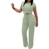 ABKY Two Piece Sets For Women Summer Sexy Tie Front Crop Top Wide Leg Pants Set Casual Tracksuit Ribbed 2 Piece Outfits