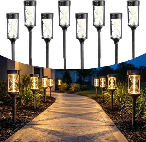 Quntis 8 Pack Solar Pathway Lights Outdoor,4 Dynamic Flowing Light Mode, Unique Hourglass,COB Bright Core,Waterproof Auto On/Off Solar Garden Lights for Yard Driveway Walkway Patio Lawn,Warm White