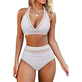 OMKAGI Women Mesh High Waisted Bikini Set Sexy V Neck Tummy Control Swimsuit Bathing Suit