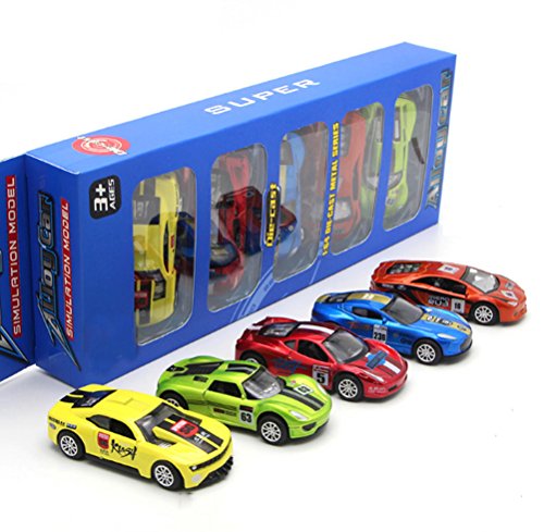HAPTIME Pack of 5 Die cast Race Car Vehicles with Pull Back and Go Function, Mini Friction Powered Super Car Toy Party Favors for Children Kids Toddlers Boys