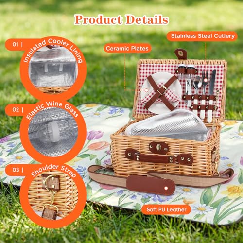 Wicker Picnic Basket Wicker Picnic Basket for 2 Person - Picnic Set with Insulated Compartment, Plates, Cutlery, Wine Glasses, Corkscrew - Perfect for Beach, Country, Park & BBQ Gift