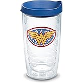 Tervis DC Comics Wonder Woman Emblem Made in USA Double Walled Insulated Tumbler Travel Cup Keeps Drinks Cold & Hot, 16oz, Blue Lid